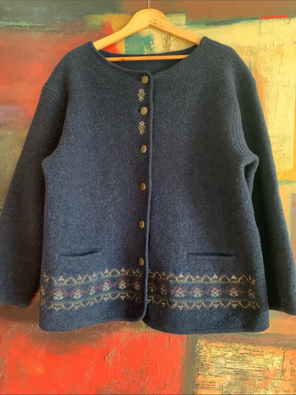 Vintage Boiled Wool Cardigan Jacket in Navy Blue with Embroidery, Sz Xl